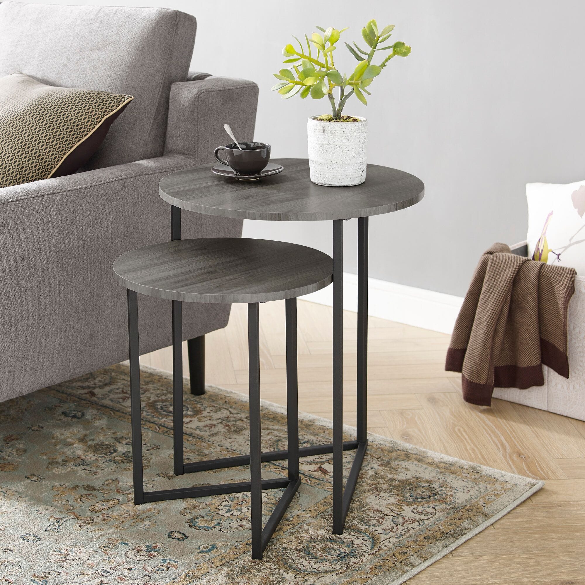 2Piece VLeg Nesting Side Tables Slate Grey/Black at Futonland
