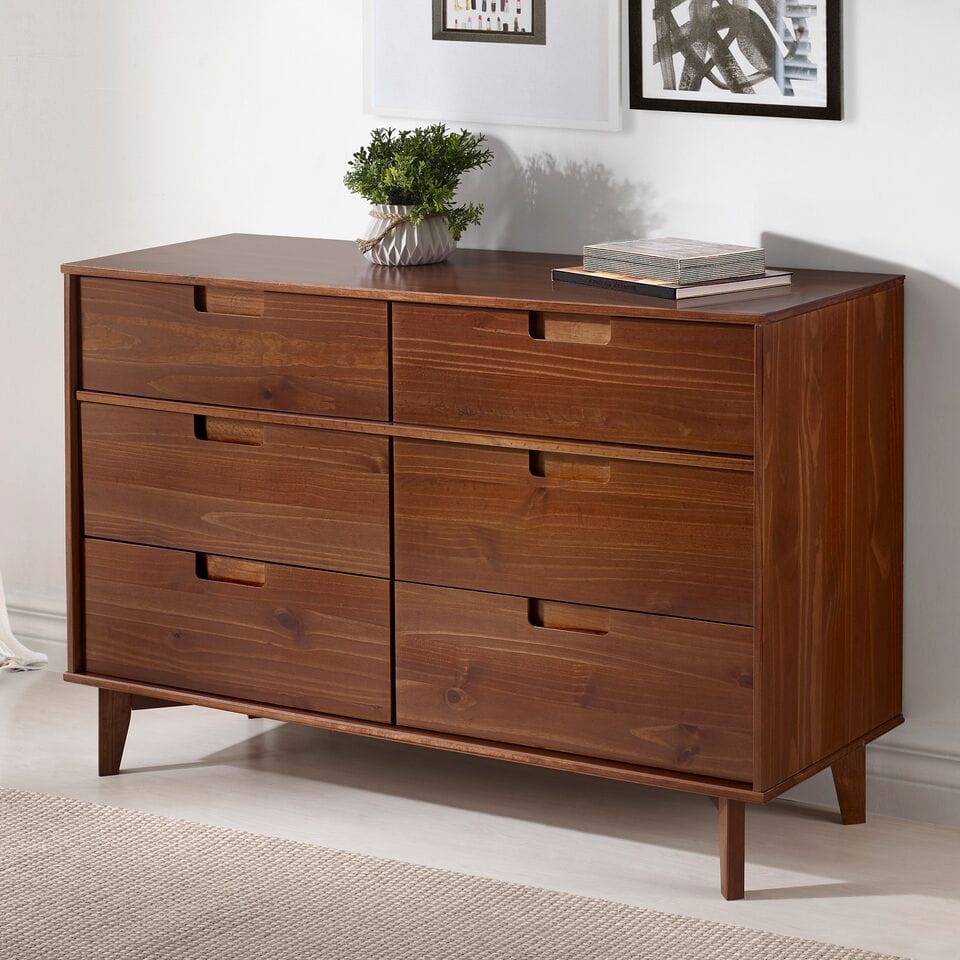 6 Drawer Mid Century Modern Wood Dresser Walnut By Walker Edison