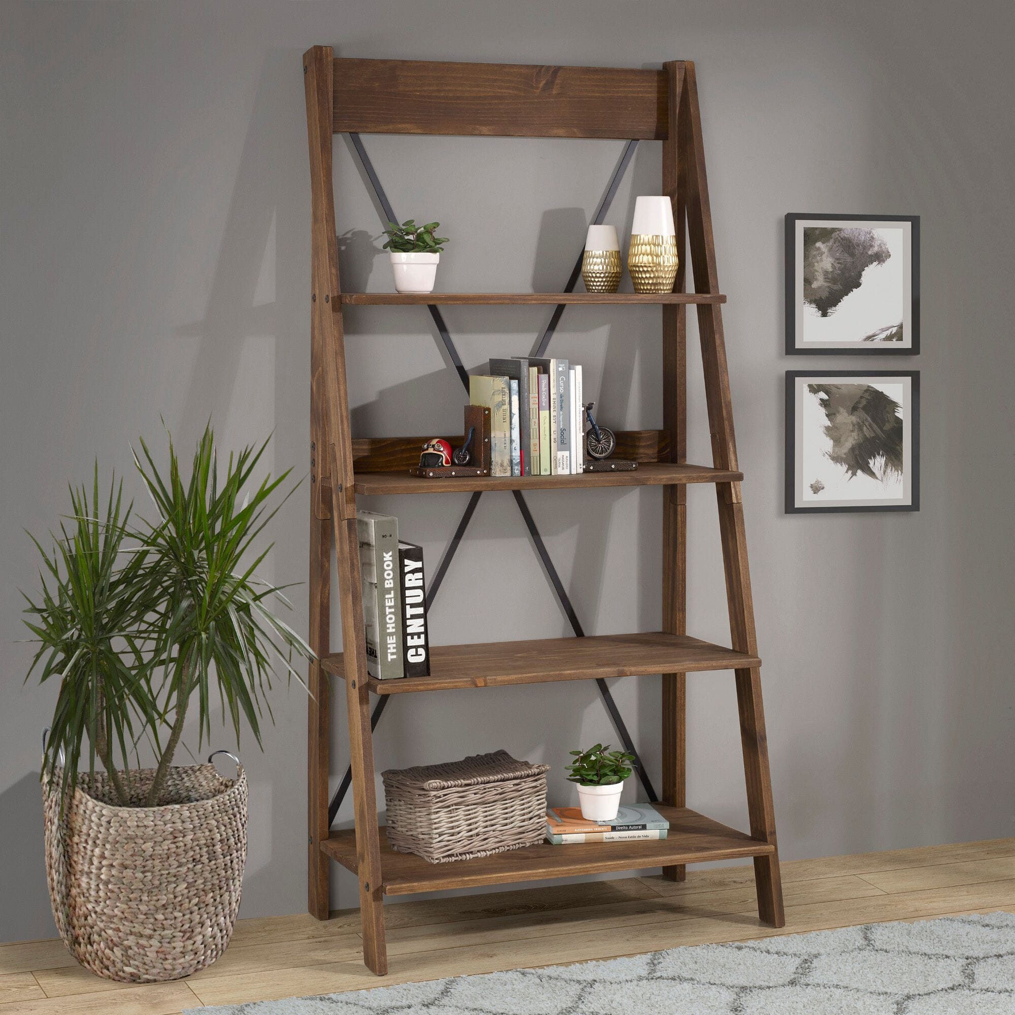 68 Inch Solid Wood Ladder Bookshelf Brown By Walker Edison