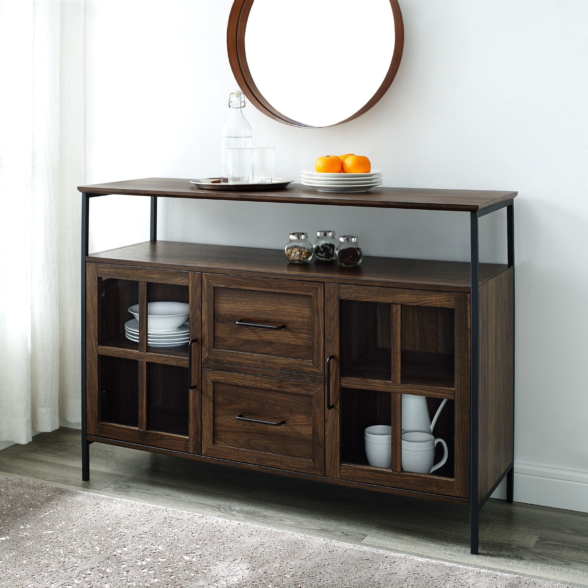 48 Inch Industrial 3-Door Buffet - Dark Walnut at Futonland