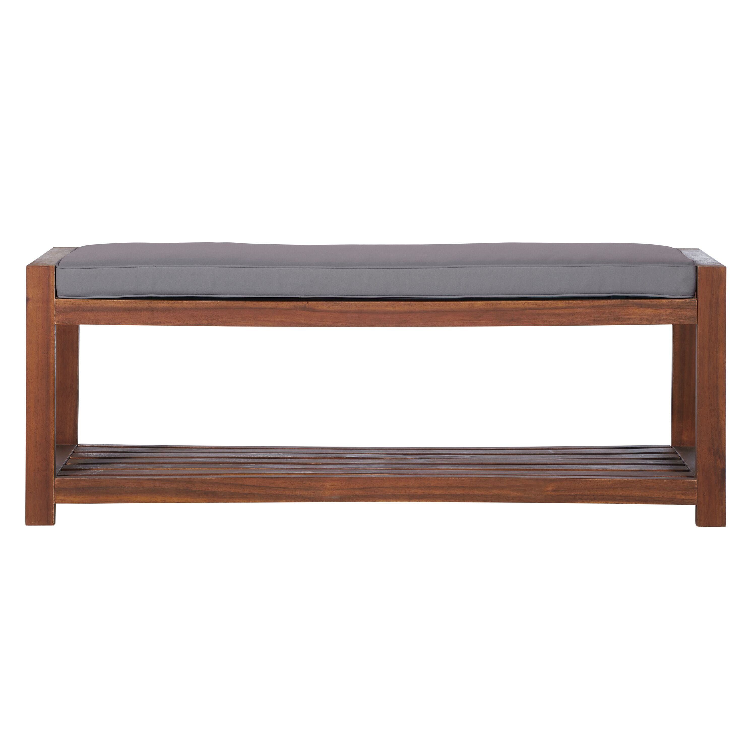 48 Inch Patio Wood Bench With Cushion Dark Brown Grey By Walker Edison