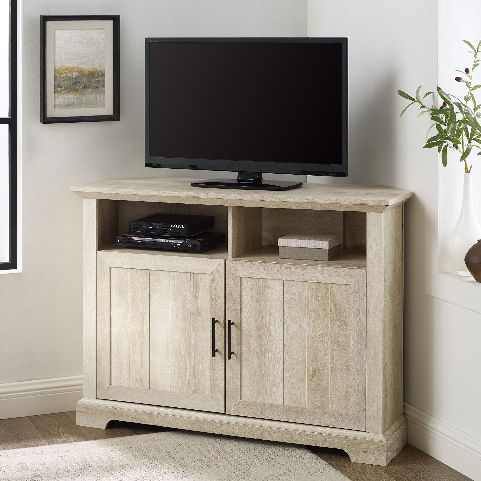 44 Inch Grooved Door Corner TV Console White Oak at Futonland