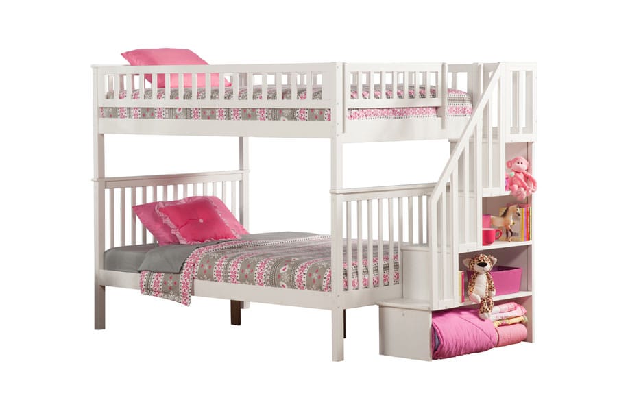 white bunk beds with mattresses