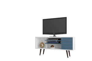 [NYC Deal] Liberty White & Aqua Blue 53.14 Inch Mid Century - Modern TV Stand w/5 Shelves, 1 Door & Solid Wood Legs by Manhattan