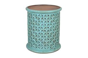Global Archive Turquoise Hand Carved Small Drum Accent Table by Jofran