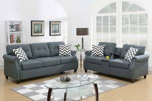 F6411 Blue Grey Polyfiber 2-Pcs Sofa Set w/USB Console by Poundex