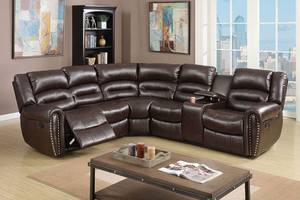 F6744 Brown Bonded Leather 3-Pcs Reclining Sectional by Poundex