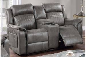 F8745 Slate Blue Breathable Leatherette Manual Motion Loveseat w/Console by Poundex
