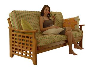 Futon Set - Full Size - Manila Medium Oak Frame, Mattress w/Removable Solid Cover