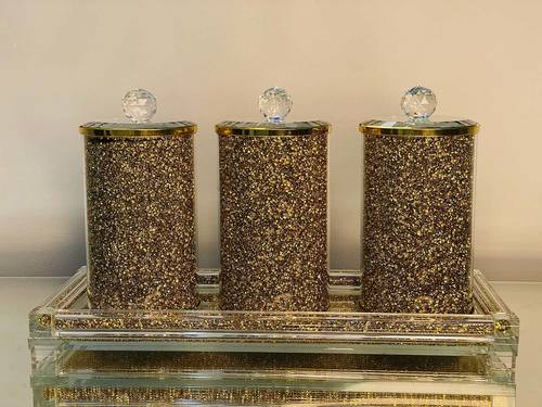 Three Glass Canister Set on A Tray, Gold Crushed Diamond Glass 1 by Amazing Rugs