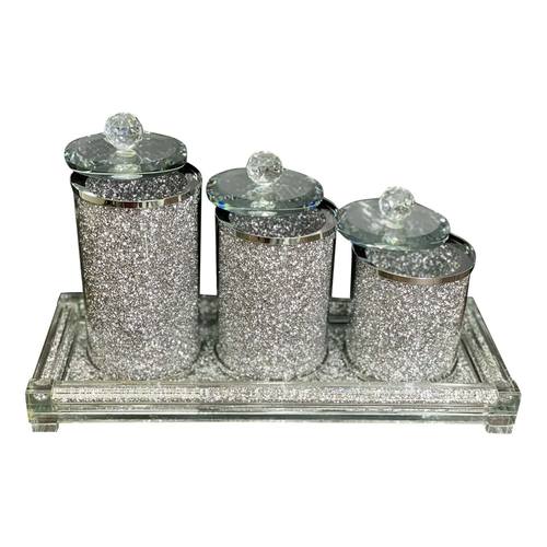 Three Canisters & Tray Gift Set, Silver Crushed Diamond Glass by Amazing Rugs