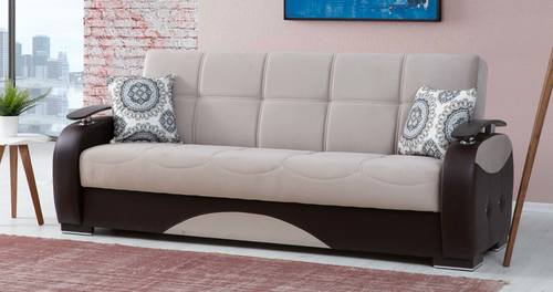 Rainbow Beige & Light Brown PU Leather w/Wood Arm Sofa Bed by Alpha  Furniture
