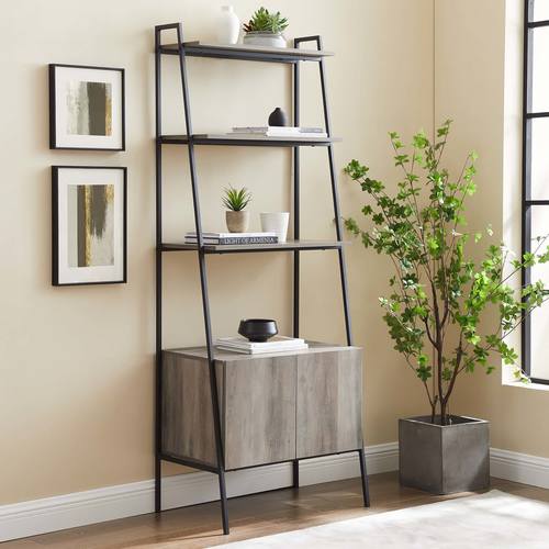 72 Inch Industrial Wood Ladder Bookcase, Slanted Shelves Bookcase Grey