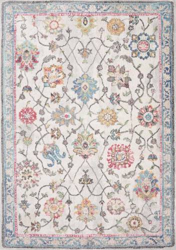 Fresco Cream Grey Pink Yellow Orange Floral Border Rug by Kalora