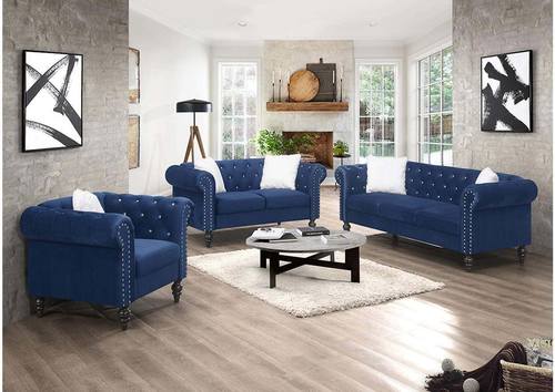 Emma Navy Blue Velvet Fabric Loveseat w/Pillows by Galaxy Furniture