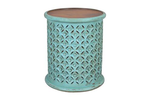 Global Archive Turquoise Hand Carved Small Drum Accent Table by Jofran