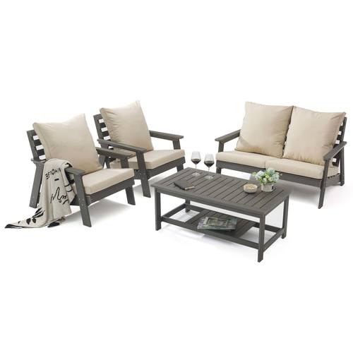 Alpine Poly Lumber 4-Piece Weather Resistant Patio Conversation Set - Beige by LeisureMod