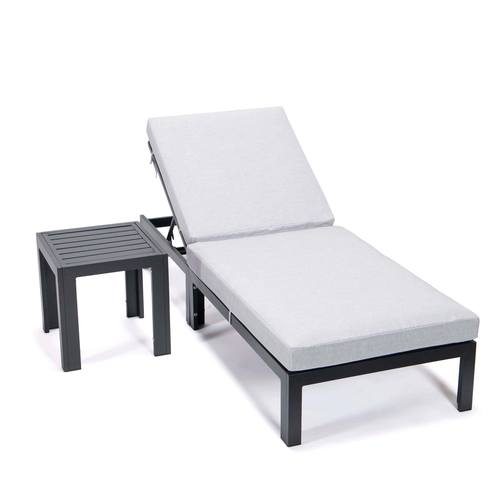 Chelsea Light Grey Modern Aluminum Outdoor Chaise Lounge Chair w/Side Table & Cushions by Leisuremod