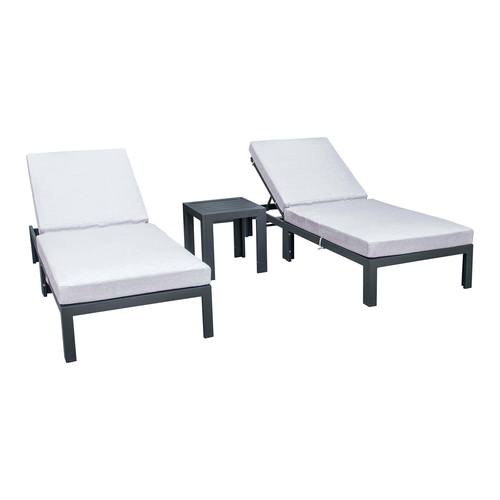 Chelsea Light Grey Modern Outdoor Chaise Lounge Chair Set of 2 w/Side Table & Cushions by LeisureMod