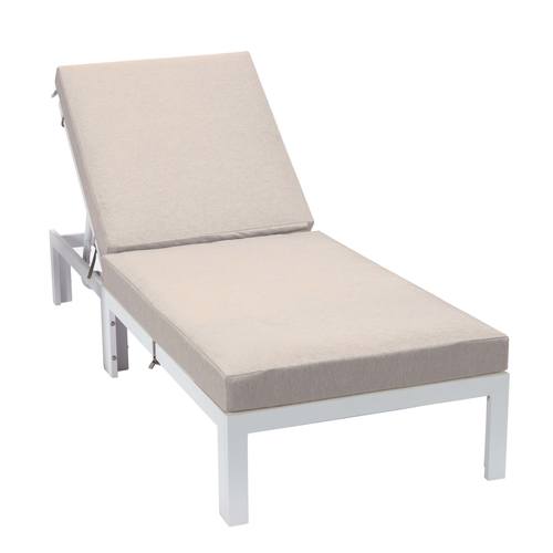 Chelsea Modern Outdoor White Chaise Lounge Chair w/Cushions - Beige by LeisureMod