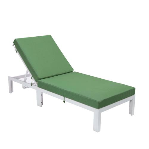 Chelsea Modern Outdoor White Chaise Lounge Chair w/Cushions - Green by LeisureMod