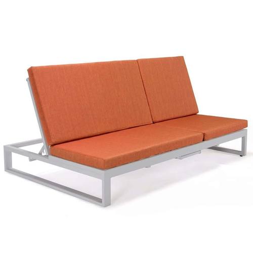 Chelsea Convertible Lounge Reclining Double Chaise w/Cushions, White w/Orange by LeisureMod