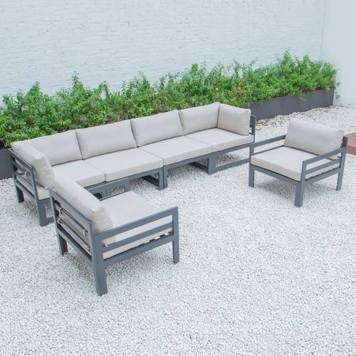 Chelsea 6-Piece Patio Armchair Sectional Black Aluminum With Cushions Beige by LeisureMod