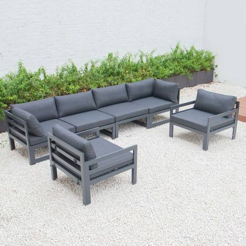 Chelsea 6-Piece Patio Armchair Sectional Black Aluminum With Cushions Black by LeisureMod