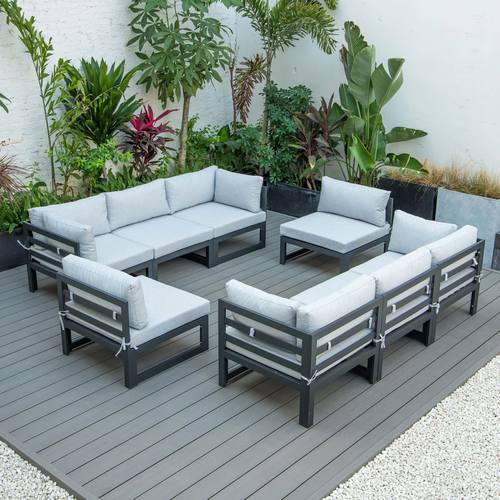 Chelsea 8-Piece Patio Sectional Black Aluminum w/Cushions - Light Grey by LeisureMod