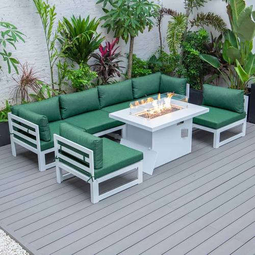 Chelsea 7-Piece Patio Sectional And Fire Pit Table White Aluminum With Cushions by LeisureMod
