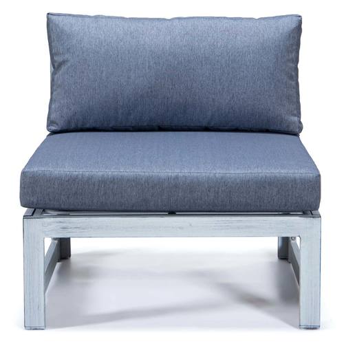 Chelsea Blue 7-Piece Patio Sectional & Fire Pit Table Weathered Grey Aluminum w/Cushions by Leisuremod