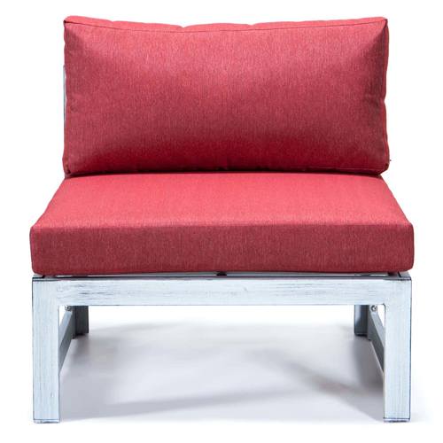 Chelsea Red 7-Piece Patio Sectional & Fire Pit Table Weathered Grey Aluminum w/Cushions by Leisuremod