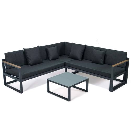 Chelsea Black Sectional w/Adjustable Headrest & Coffee Table with Cushions, Black by LeisureMod