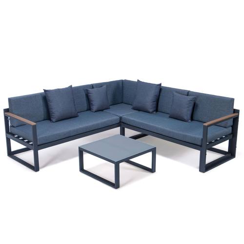 Chelsea Black Sectional w/Adjustable Headrest & Coffee Table with Cushions, Blue by LeisureMod