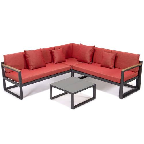 Chelsea Black Sectional w/Adjustable Headrest & Coffee Table with Cushions, Red by LeisureMod