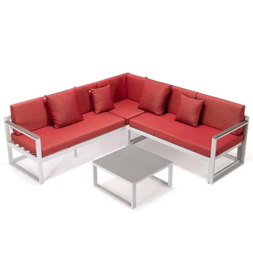 Chelsea White Sectional w/Adjustable Headrest & Coffee Table with Cushions, Red by LeisureMod