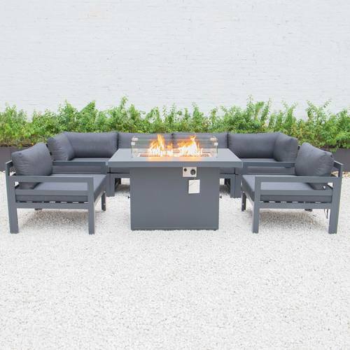 Chelsea 6-Piece Patio Ottoman Sectional Black Aluminum With Cushions Black by LeisureMod