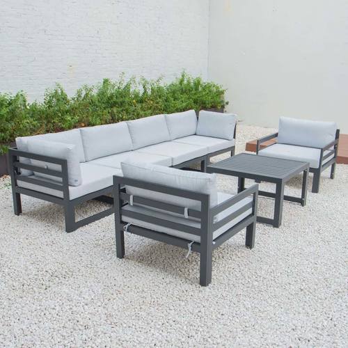 Chelsea 7-Piece Patio Sectional And Coffee Table, Set Black Aluminum With Cushions Light Grey by LeisureMod