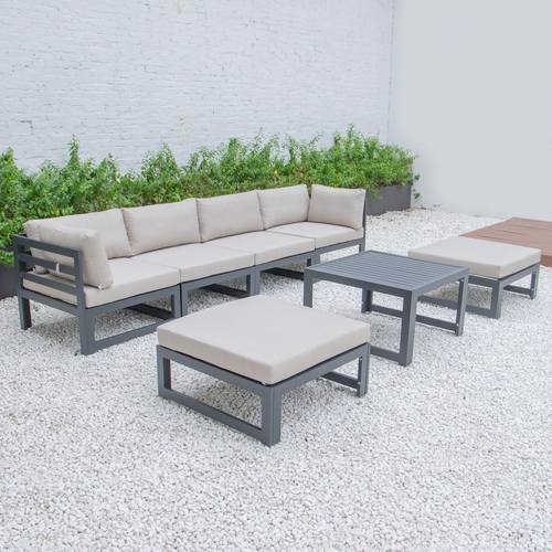 Chelsea 7-Piece Patio Ottoman Sectional And Coffee Table, Set Black Aluminum With Cushions Beige by LeisureMod