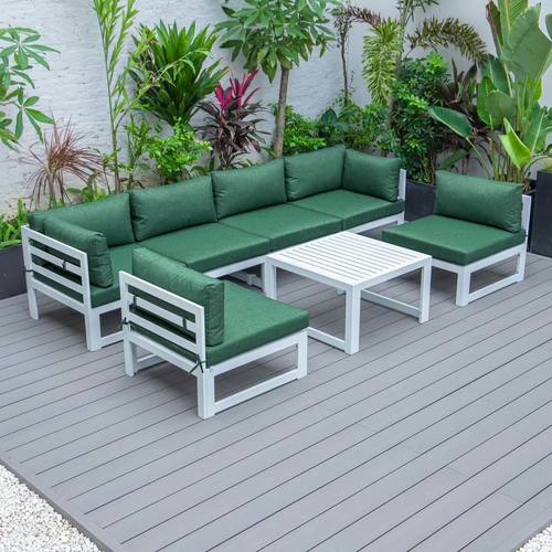 Chelsea 7-Piece Patio Sectional And Coffee Table Set White Aluminum With Cushions by LeisureMod