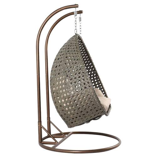 Wicker Hanging 2 Person Egg Swing Chair With Outdoor Cover Beige by LeisureMod