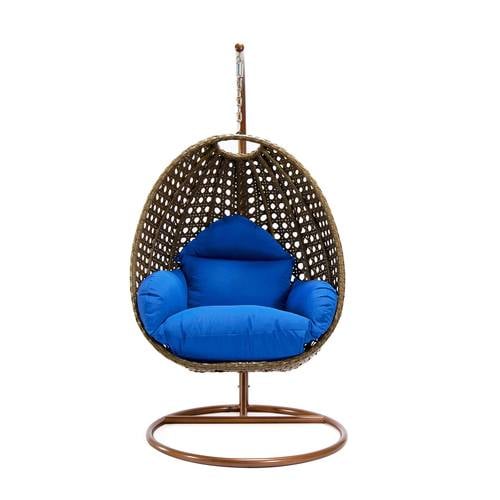 Beige Wicker Hanging Egg Swing Chair - Blue by LeisureMod