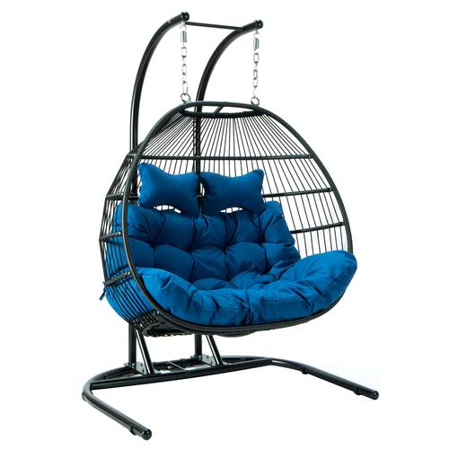 Wicker Hanging Egg Swing Chair - Folding Construction - Double Seater - Black w/Blue Seat by LeisureMod
