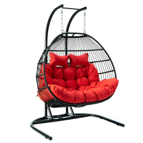 Wicker Hanging Egg Swing Chair - Folding Construction - Double Seater - Black w/Red Seat by LeisureMod