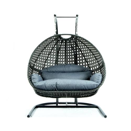 Wicker Hanging Egg Swing Chair - Split Construction - Double Seater - Charcoal w/Charcoal Blue Seat by LeisureMod