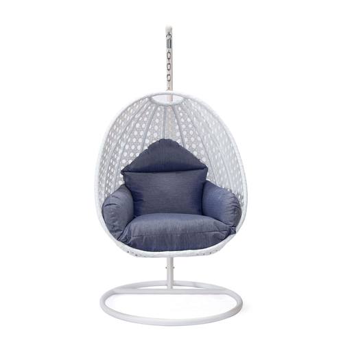 White Wicker Hanging Egg Swing Chair - Charcoal Blue by LeisureMod