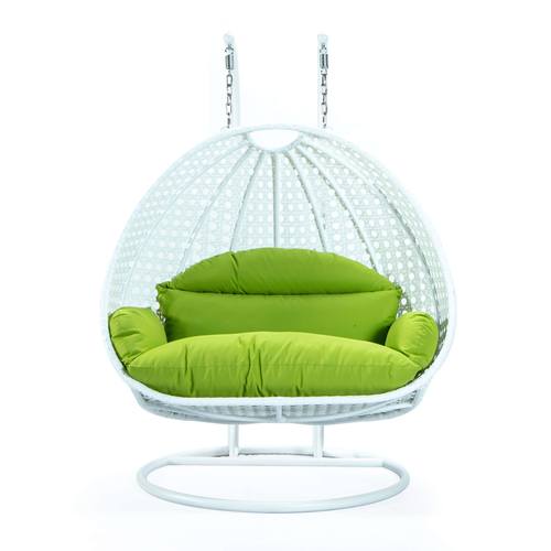 Wicker Hanging Egg Swing Chair - Double Seater - White w/Light Green Seat by LeisureMod