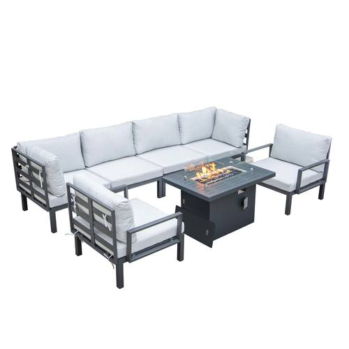 Hamilton 7-Piece Aluminum Patio Conversation Set w/Fire Pit Table & Cushions - Light Grey by LeisureMod