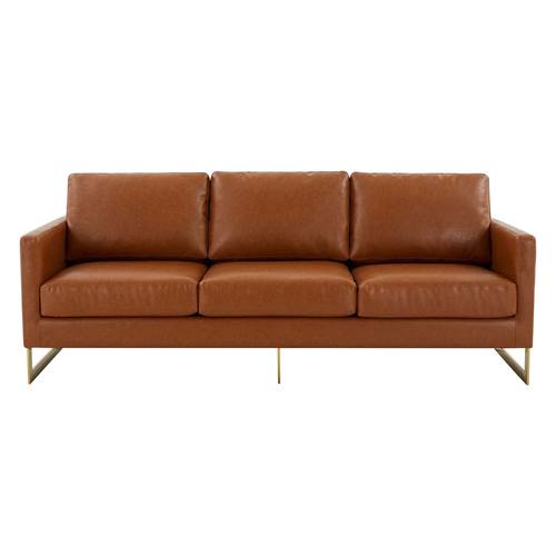 Lincoln Modern Cognac Tan Mid-Century Upholstered Leather Sofa w/Gold Frame by LeisureMod