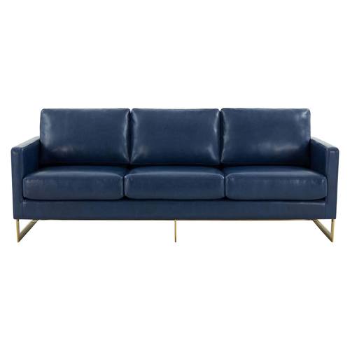 Lincoln Modern Navy Blue Mid-Century Upholstered Leather Sofa w/Gold Frame by LeisureMod